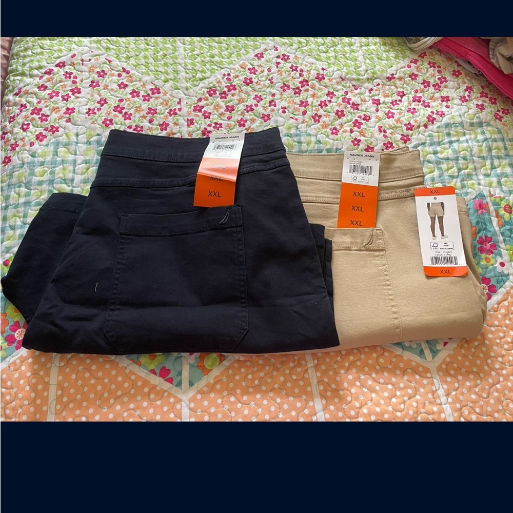 Nautica Jeans navy beige Pull on plus size Shorts XXL 2XL lot of 2